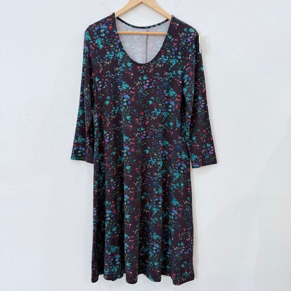 Garnet Hill Women's Small 3/4 Sleeve Purple Blue Red Floral Knit Trapeze Dress